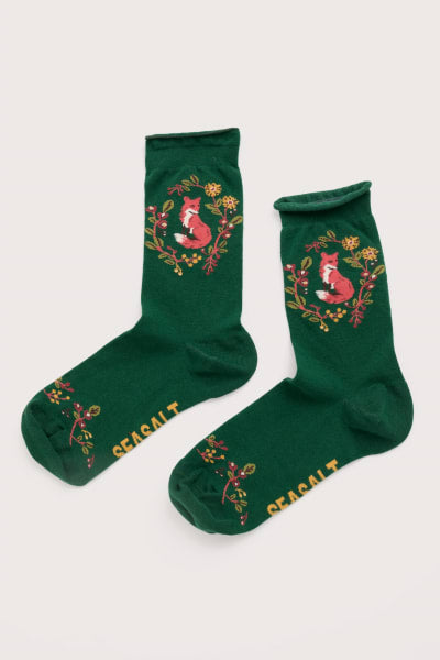 Seasalt Womens Arty Socks - Fox Wreath Evergreen